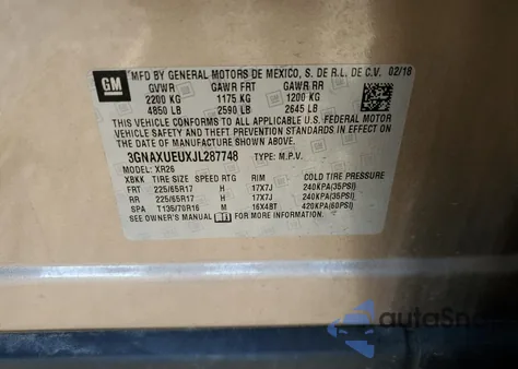 2018 Chevrolet Equinox Lt из США, поврежденный, VIN 3GNAXUEUXJL287748